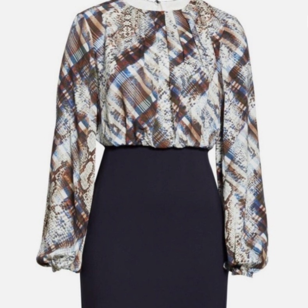 Ted Baker Printed Blouson Top in Brown, Blue and Cream
